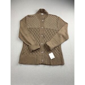 Liz & Co Women XL Cardigan Sweater Brown Cable Knit Yoke Mock Neck Button NWT